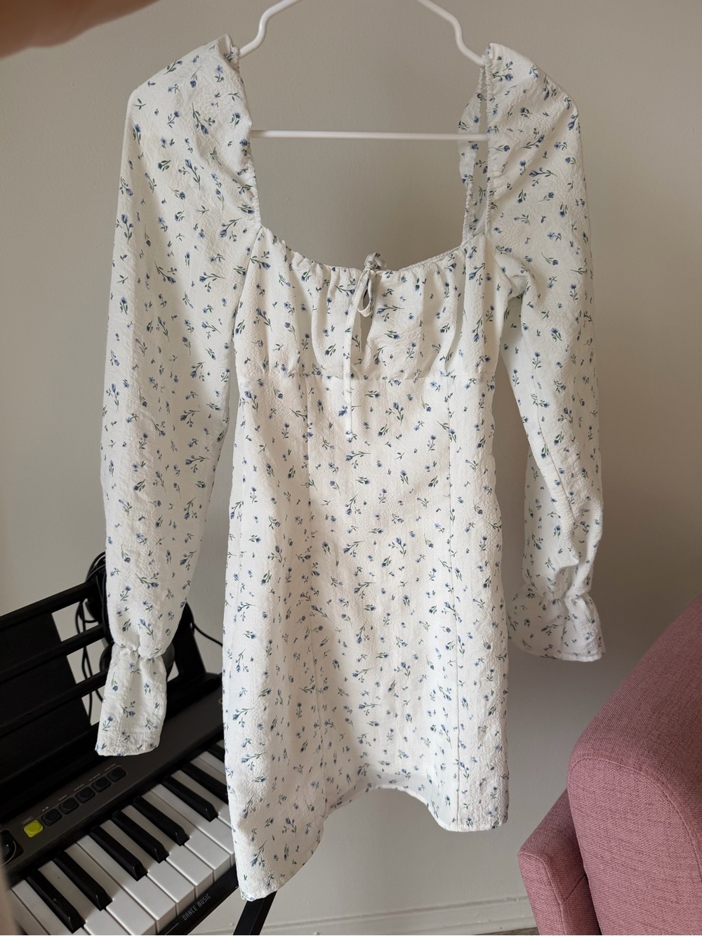 Divided Cream Mini Dress with Blue Floral Print